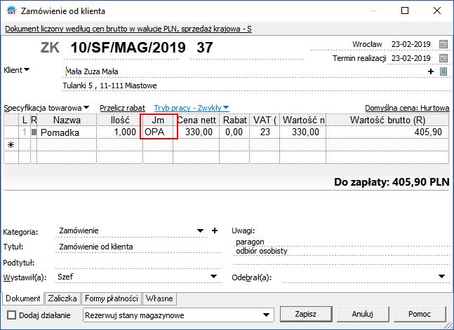 Na zsynchronizowanych zamówieniach towar pomadka będzie dodawany z wybraną jednostką miary. W tym przykładnie jest to jednostka miary opakowanie.