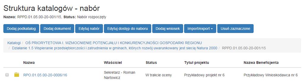 Usuń zaznaczone funkcjonalność pozwala na usunięcie wskazanych dokumentów/katalogów (wskazanie danych do usunięcia dobywa się poprzez zaznaczenie checkbox-ów). 2.4.