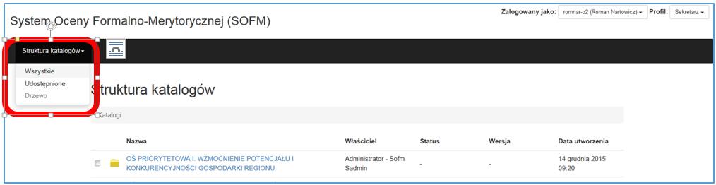 2.2 Menu główne profilu Sekretarz Użytkownik posiadający uprawnienia Sekretarza po zalogowaniu, niezalenie od tego w jakim widoku będzie się znajdował, przez cały czas pracy w systemie ma dostęp do