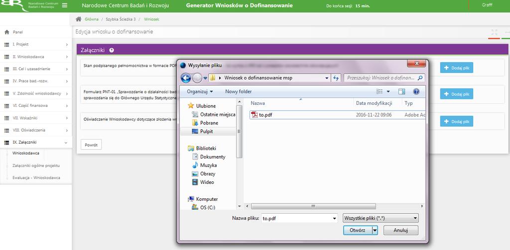 dodania załącznika do wniosku o