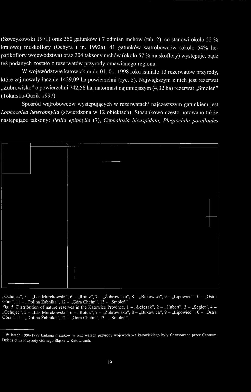 W województwie katowickim do 01. 01. 1998 roku istniało 13 rezerwatów przyrody, które zajmowały łącznie 1429,09 ha powierzchni (ryc. 5).