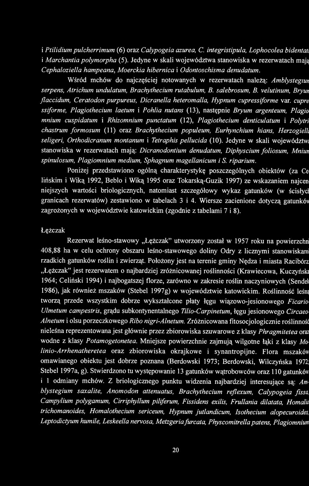 Wśród mchów do najczęściej notowanych w rezerwatach należą: Am blystegm serpens, Atrichum undulatum, Brachythecium rutabulum, B. salebrosum, B.
