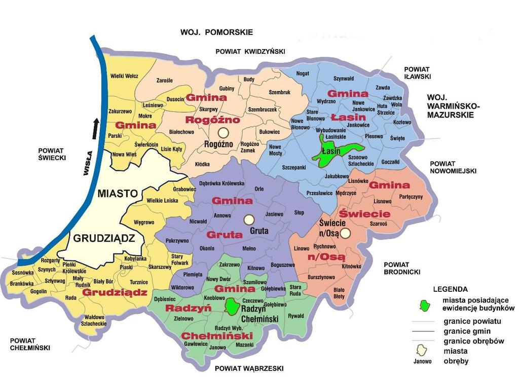 Powiat Grudziądzki położony jest w północno - wschodniej części województwa kujawsko - pomorskiego. Sięga swoim terytorium brzegu Wisły. Od północy powiat sąsiaduje z powiatem kwidzyńskim (woj.