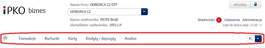 Rozwijana lista wyboru języka interfejsu użytkownika. Kafel Nowy Zawartość kafla nowy zależy od menu 1 poziomu, jest inna w menu Transakcje, inna w menu Rachunki.