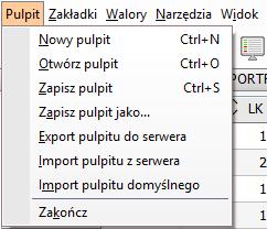 5.2.1. Pulpit Menu [Pulpit] pozwala na zarządzanie pulpitami użytkownika. Dodatkowo umożliwia wczytanie oraz zapisanie własnych ustawień aplikacji bossanol3, jak również zdefiniowanych zakładek.