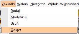 Odłączenie bieżącej zakładki jest możliwe z menu głównego/podręcznego [Zakładki] -> [Odłącz] lub poprzez szybkie dwukrotne kliknięcie na nazwie wybranej zakładki.