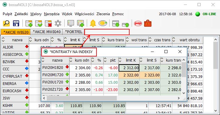 W analogiczny sposób można dołączyć zakładkę do głównego okna aplikacji klikając lewym przyciskiem myszy na tytuł odłączonej zakładki np.