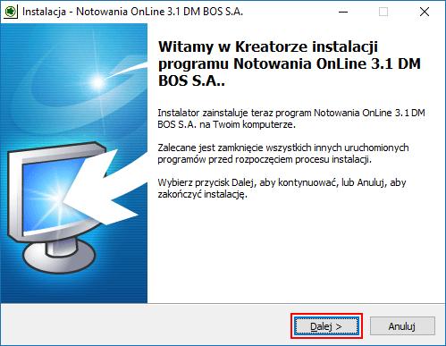 Przed uruchomieniem pliku instalacyjnego, należy wylogować się z serwisu transakcyjnego (Serwer Zleceń Stocks OnLine), zamknąć wszystkie aktywne aplikacje, w tym przeglądarki internetowe.