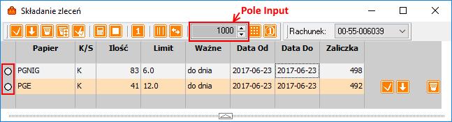 Wartość zlecenia(zaliczka) = Wartość w polu [Input] * Współczynnik. Cena = powinna być określona lub w przypadku jej braku, zostanie pobrana i wprowadzona do wzoru najlepsza oferta z tabeli notowań.
