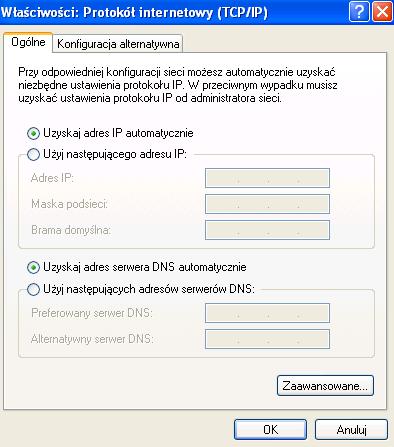 Jaki adres IP, maska podsieci i domyślna brama są wpisane w pole "Użyj następującego adresu IP:"? Wybierz przycisk opcji "Uzyskaj adres IP automatycznie", jeśli nie jest jeszcze wybrana.