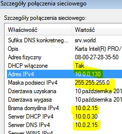 4. Sprawdzamy stan ustawień dla Połączenie lokalne a szczególnie adres MAC Zinterpretuj uzyskane efekty, zapisz interpretację w zeszycie. Zgłoszenie 3 Część 3 Rekonfiguracja serwera DHCP. 1.