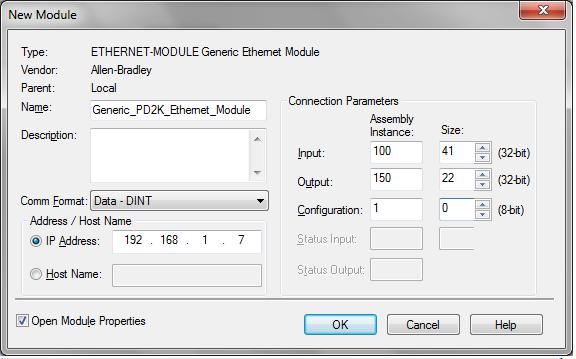 Dodatek A: Integracja z PLC firmy Allen Bradley 3. Otworzy się ekran New Module (Nowy moduł).