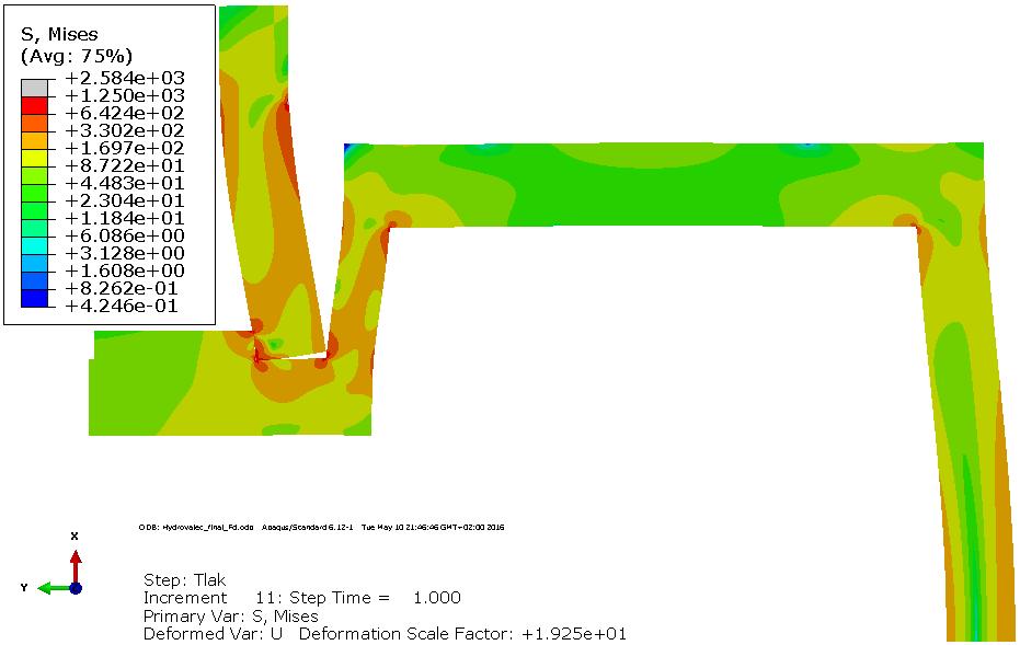 3 KONTROLA STÁVAJÍCÍHO ŘEŠENÍ Další špičky napětí nastávají v místě styku desky s KM maticí a hydraulickým válcem, viz detail na obr. 3.