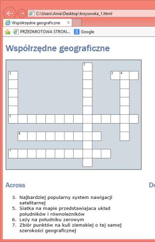 3)Poleca uczniom aby w oparciu o wyświetlone informacje z e- podręcznika dotyczące współrzędnych geograficznych wynotowali odpowiedzi na pytania Jaką wartość kątową ma długość i szerokość