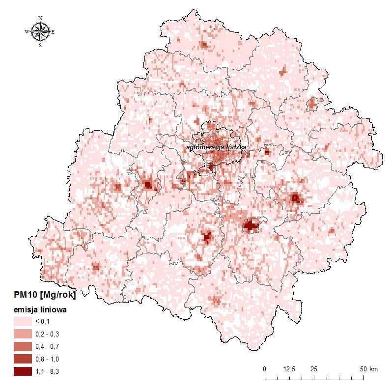 Mapa 3. Rozmieszczenie oraz ładunki emisji liniowej pyłu PM10 na drogach powiatowych i gminnych w województwie łódzkim w 2016 r.
