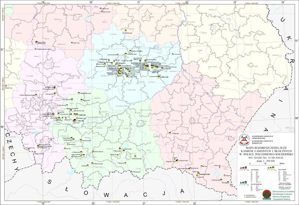 MAPA ZŁÓŻ KRUSZYW BLOCZNYCH I ŁAMANYCH POLSCE POŁUDNIOWO -