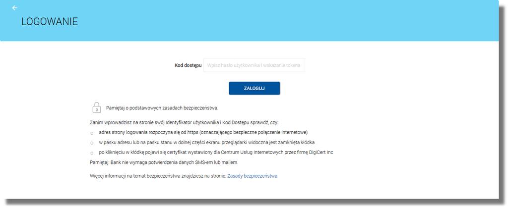 Rozdział 5. Logowanie do systemu hasło do tokena łącznie ze wskazaniem tokena RSA/VASCO (model GO3): Za pomocą przycisku możliwy jest powrót do poprzedniej strony logowania.