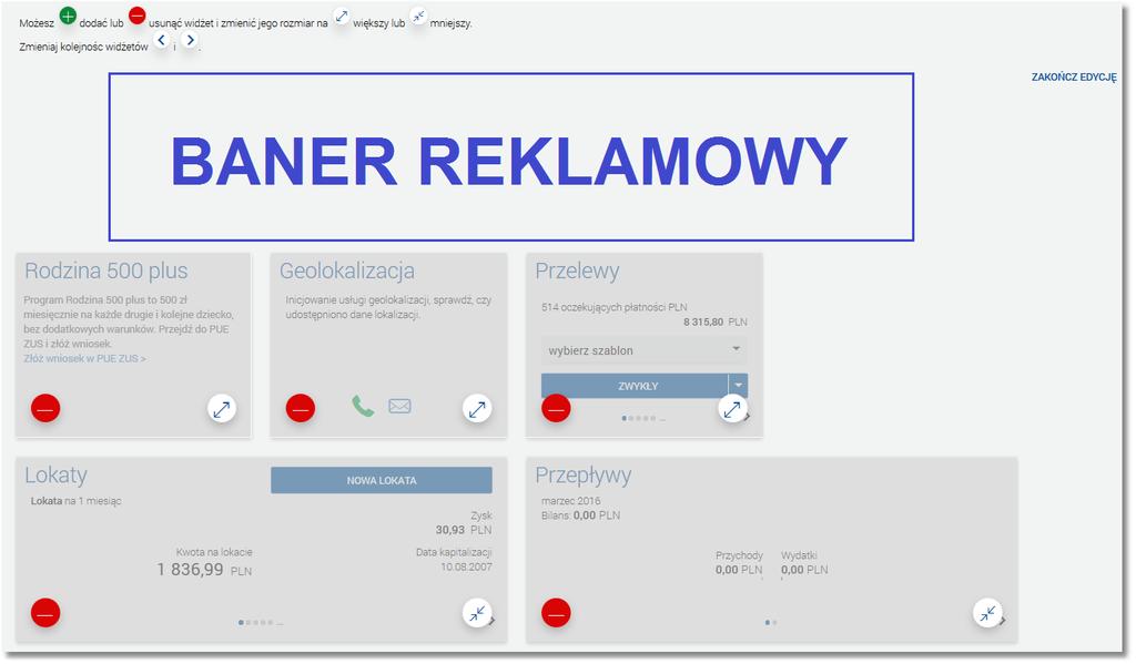 Rozdział 9. Pulpit użytkownika Domyślnie widżety mają rozmiar standardowy, dopiero po przeciągnięciu na edytowany pulpit istnieje możliwość rozszerzenia jego rozmiaru.