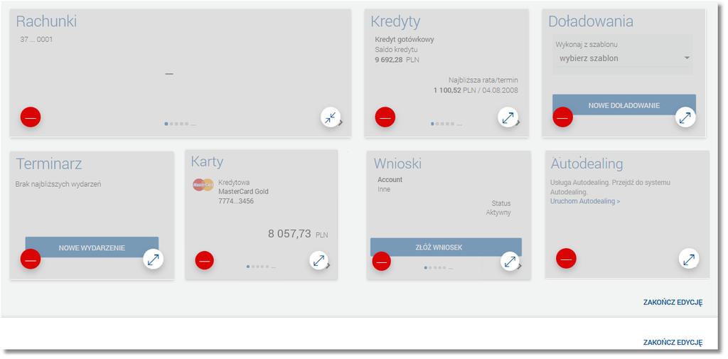 Zatwierdzenie edycji pulpitu odbywa się poprzez link ZAKOŃCZ EDYCJĘ znajdujący się w trzech sekcjach ekranu (prawy górny róg edytowanego pulpitu, pod edytowanym pulpitem po prawej stronie oraz pod