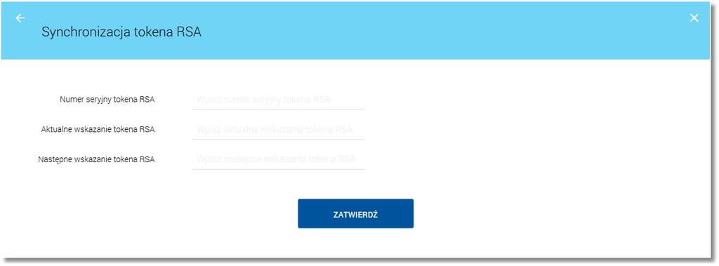Rozdział 11. Zarządzanie ustawieniami Użytkownik ma możliwość synchronizacji tokena (urządzenia tokena RSA) w przypadku np. przekroczenia ilości błędnie wprowadzonych wskazań tokena.