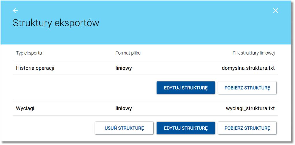 System umożliwia pobranie domyślnej struktury odrębnie dla pliku eksportu historii operacji oraz wyciągów poprzez przycisk [POBIERZ STRUKTURĘ].