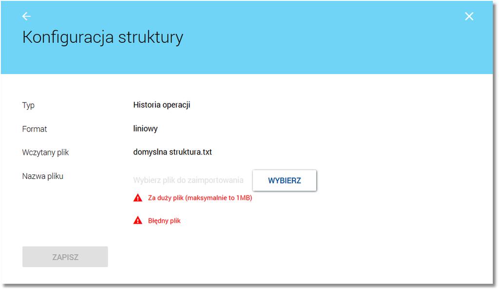 Rozdział 11. Zarządzanie ustawieniami Wybór przycisku [POBIERZ STRUKTURĘ] umożliwia podgląd aktualnie wgranej struktury pliku konfiguracji eksportu. [statement_linear.
