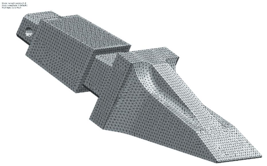 Rysunek 10 przedstawia topologię węzłów siatki zęba tnącego, a rysunek 11 odkształcenia zęba tnącego wynikające z analizy przeprowadzonej metodą elementów skończonych.