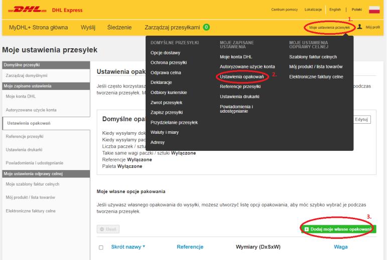 3. Dodanie chociaż jednej paczki domyślnej [Dzięki dodaniu własnych opakowań wyeliminujemy późniejszą potrzebę uzupe łniania wagi i wymiarów