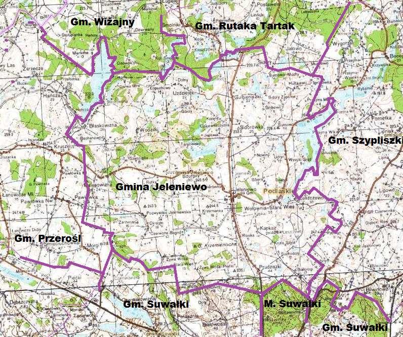 Źródło: http://mapy.geoportal.gov.pl/ Ryc.2 Położenie Gminy Jeleniewo na tle gmin sąsiadujących Położenie gminy w pobliżu miasta Suwałki, sprzyja jej rozwojowi.