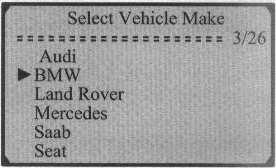 5.Instrukcja dla BMW 1) W menu Select Vehicle Make klawiszami góra/dół wybierz BMW i