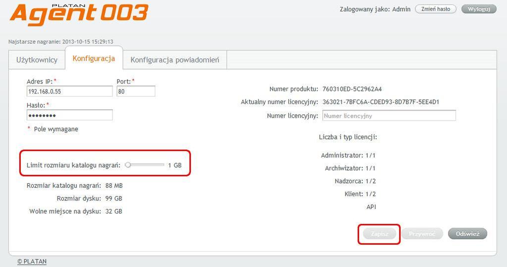 2.2. Konfiguracja połączenia z PBX Serverem Libra/Proxima W zakładce Konfiguracja należy ustawić parametry połączenia z IP PBX Serverem Proxima i PBX Serverem Libra: adres IP PBX Servera