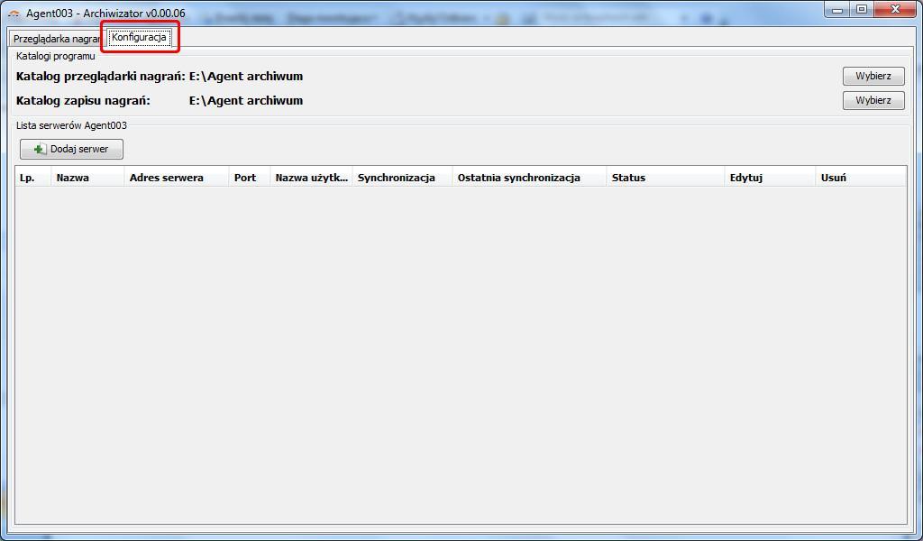 Wskazujemy miejsce przechowywania pliku z listą nagrań oraz miejsce zapisu plików z nagraniami. Następnie dodajemy serwery, z których chcemy pobierać nagrania.