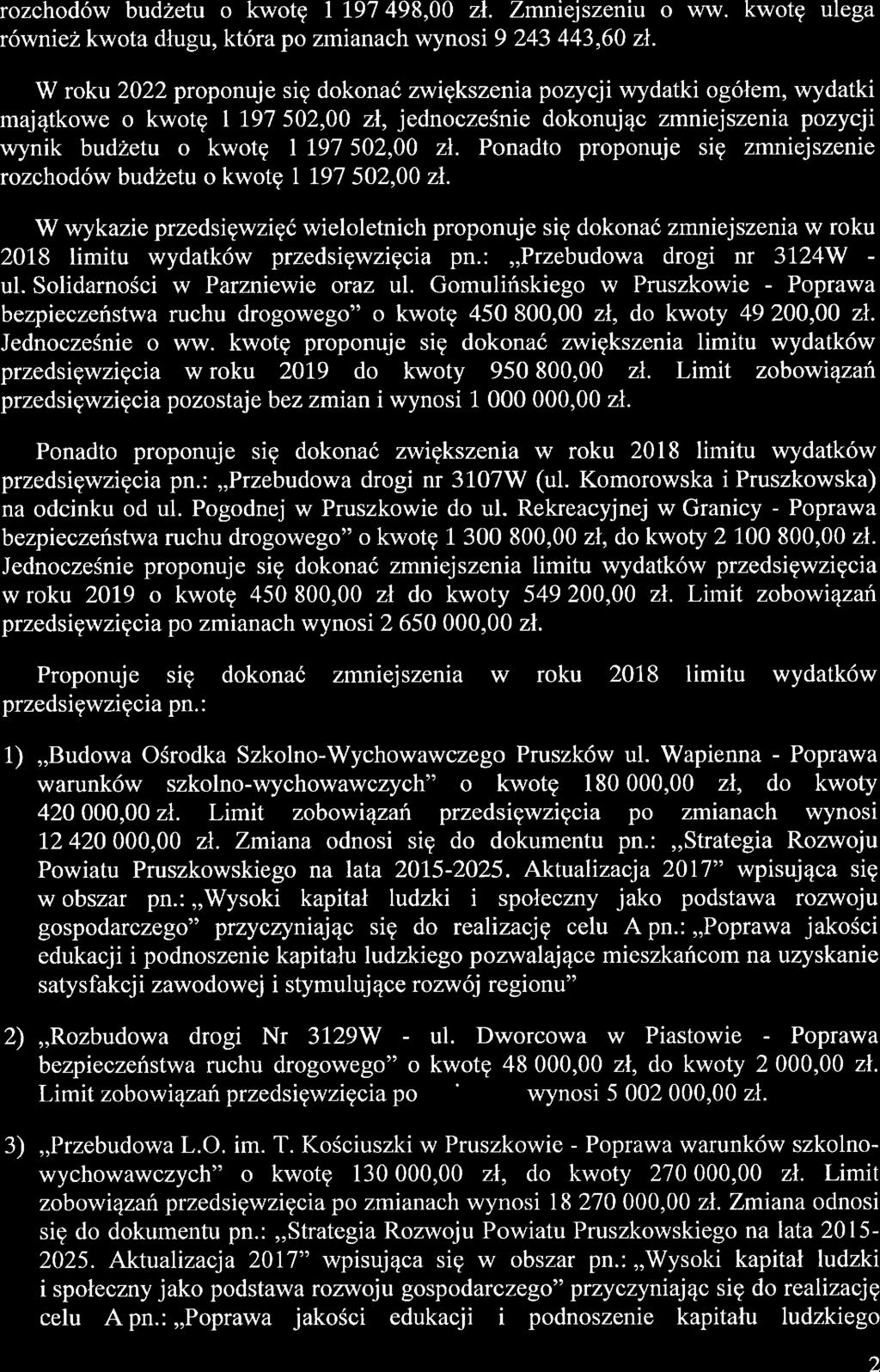 rozchodów budżetu o kwotę 1 197498, zł. Zmniejszeniu o ww. kwotę ulega również kwota długu, która po zmianach wynosi 9 243 443,6 zł.