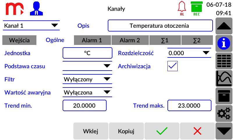 12.4.2 Ogólne Jednostka: [Brak] (tekst) [1] Rys. 12.5 Przykładowy wygląd okna ustawień ogólnych kanału - Kanały. Podstawa czasu: - [ /s, /m, /h] [2] Rozdzielczość: 0 (0, 0.0, 0.00, 0.000, 0.