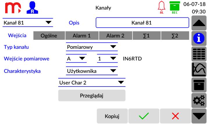 Rys. 14.2 Ustawienia kanałów obliczeniowych - wprowadzanie charakterystyki użytkownika. Do charakterystyki nie można wprowadzić dwóch identycznych wartości mierzonych x.