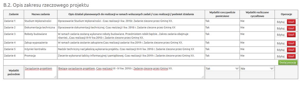 zadań należy określić sposób rozliczenia poprzez zaznaczenie tak w kolumnie Wydatki rzeczywiście poniesione.