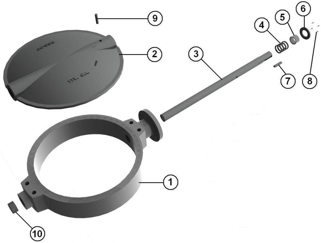 MATERIAŁ DN 450-1400 : Element Nazwa Materiał 1 Korpus ASTM A216 WCB 2 Dysk Żeliwo sferoidalne EN GJS 500-7 powłoka Rilsan +/- 300µm 3 Trzpień AISI