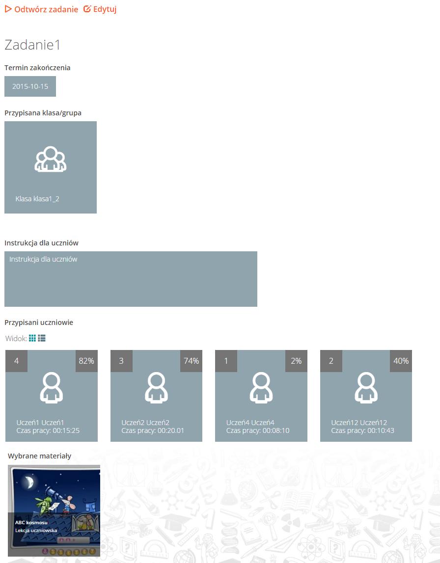 zarówno w widoku kafelków jak i listy poprzez wybranie odpowiedniego przycisku przy opcji Widok, wybrane materiały wchodzące w skład zadania.