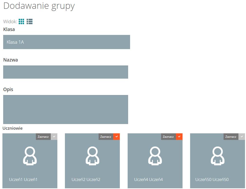 Aby dodać nową grupę do wybranej klasy, należy: kliknąć kafelek klasy, do której chcesz dodać grupę, kliknąć przycisk Dodaj