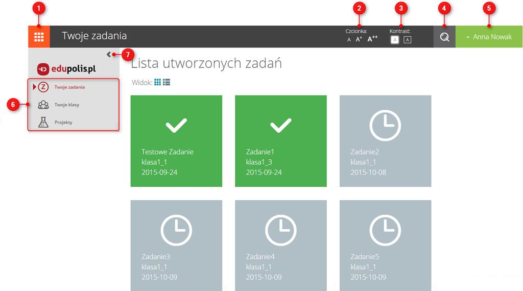 3. Konto nauczyciela W obrębie modułu Twoje zadania nauczyciele mogą: nadzorować i weryfikować postępy uczniów w pracy nad zleconymi im zadaniami, na bieżąco podglądać pracę uczniów z zadaniami z