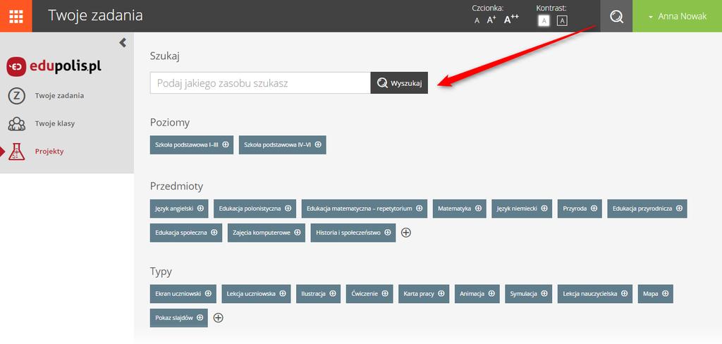 Wyszukiwanie zasobów Dodatkowo, w obrębie modułu Twoje zadania możliwe jest przeszukiwanie całej bazy zasobów tj.