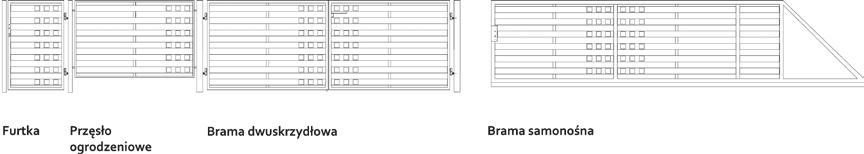 Komplet ogrodzeniowy składa się z przęsła, furtki, bramy, słupków 70 x 70 do przęsła, słupków 100 x 100 do bram i furtek oraz