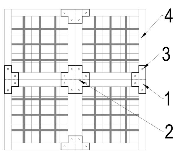 Sposób łączenia kratek za pomocą łączników 1 Łącznik model T 2 Łącznik model X 3 stalowy blachowkręt lub nit Ø3 4 pęczniejąca