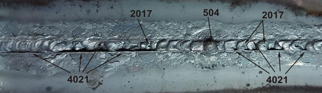 Wykryte niezgodności podczas badania wizualnego złącza spawanego od strony lica spoiny: 5012 podtopienie przerywane, 511 niewypełnienie rowka spawalniczego, 517 złe ponowne rozpoczęcie spawania Rys.