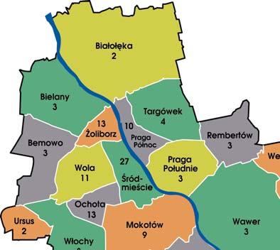 Opis Patriotycznej gry komunikacyjnej Rozkład 123 Miejsc Pamięci w poszczególnych dzielnicach, które są uwzględnione w drugiej edycji gry pokazuje poniższy rysunek.