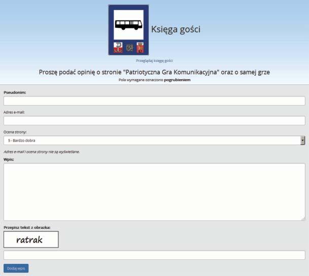 Opis Patriotycznej gry komunikacyjnej Księga gości