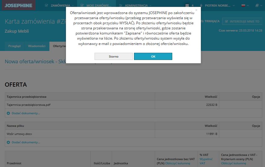 5 Po kliknięciu na przycisk Wysłać pokaże się komunikat opisujący wysłanie oferty/wniosku. Aby uruchomić proces wysłania oferty/wniosku naciśnij przycisk OK.