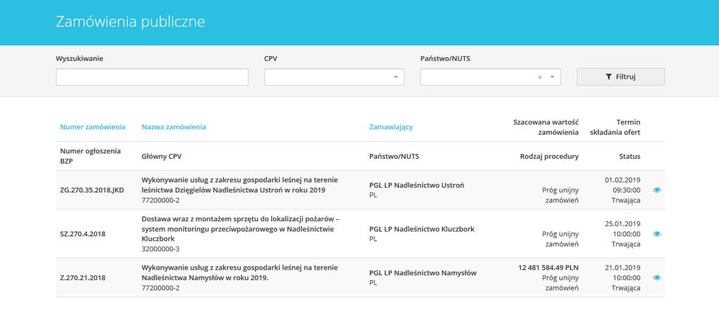 Informacje na temat zamówień publicznych są dostępne bez ograniczeń, dostęp do tych informacji jest możliwy bez logowania się do systemu. 3 4 0.