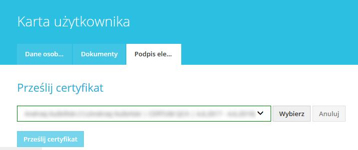 8 3 4 0. Z rozwijanej listy wybierzesz certyfikat kwalifikowanego podpisu elektronicznego. 0. Przyciskiem Wybierz potwierdzisz wybrany certyfikat. 03.