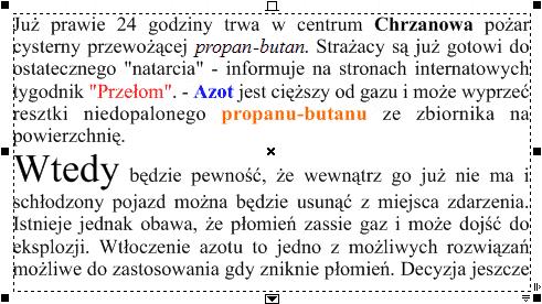 Na środku u dołu i u góry tekstu akapitowego znajdują się małe prostokąty, które pozwalają rozciągać pole obiektu w górę i w dół.